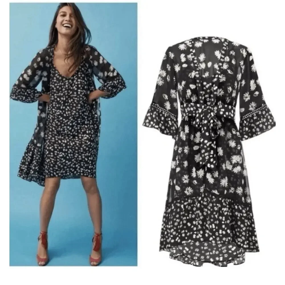 CAbi Daisy Print 2 Piece Chiffon Dress/Duster Wrap Black & White Sz L COTTAGE - Picture 1 of 16